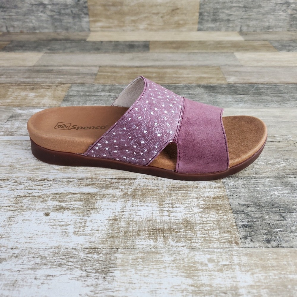 Spenco Dawn Ostrich Womens Slide Sandals Sz 8.5 B Burgundy Suede Leather Slip On